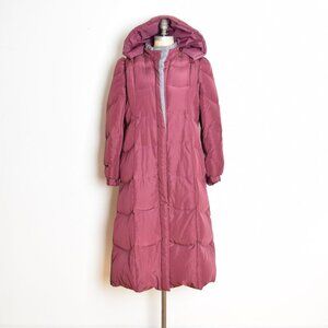vintage 80s coat plum down filled quilted puffer jacket puff sleeve hooded M
